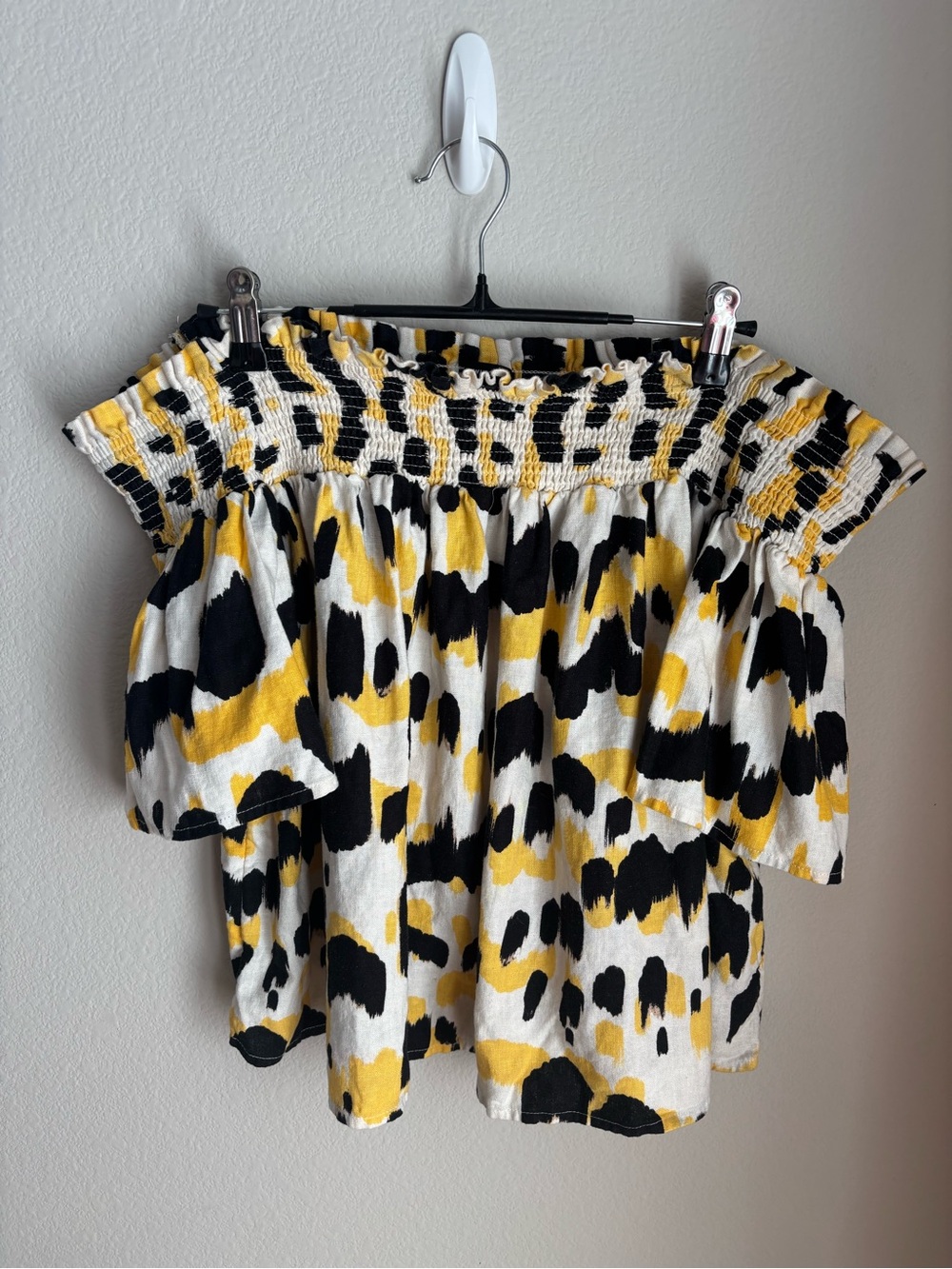 Who What Wear Yellow Black White Off-Shoulder Smocked Top